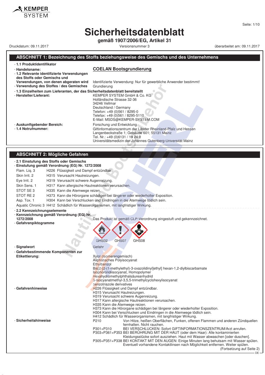 Titelseite Sicherheitsdatenblatt COELAN Bootsgrundierung (13-CGG1)