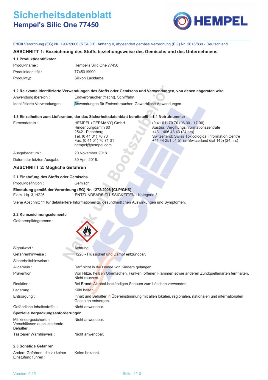 Titelseite Sicherheitsdatenblatt Hempel's Silic One 77450 (13-HSILICFOLB)
