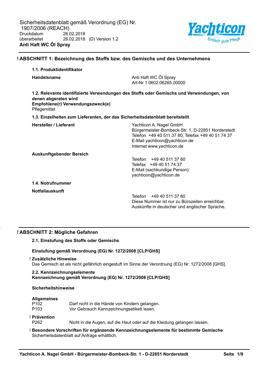 Titelseite Sicherheitsdatenblatt Anti Haft WC Öl Spray (18-PTOILSPR)