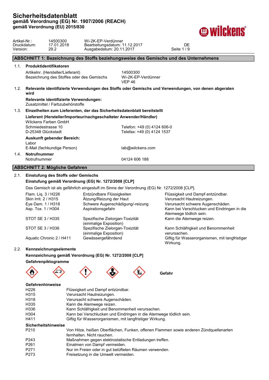 Titelseite Sicherheitsdatenblatt Wi-2K-EP-Verdünner (13-WV2KEP)