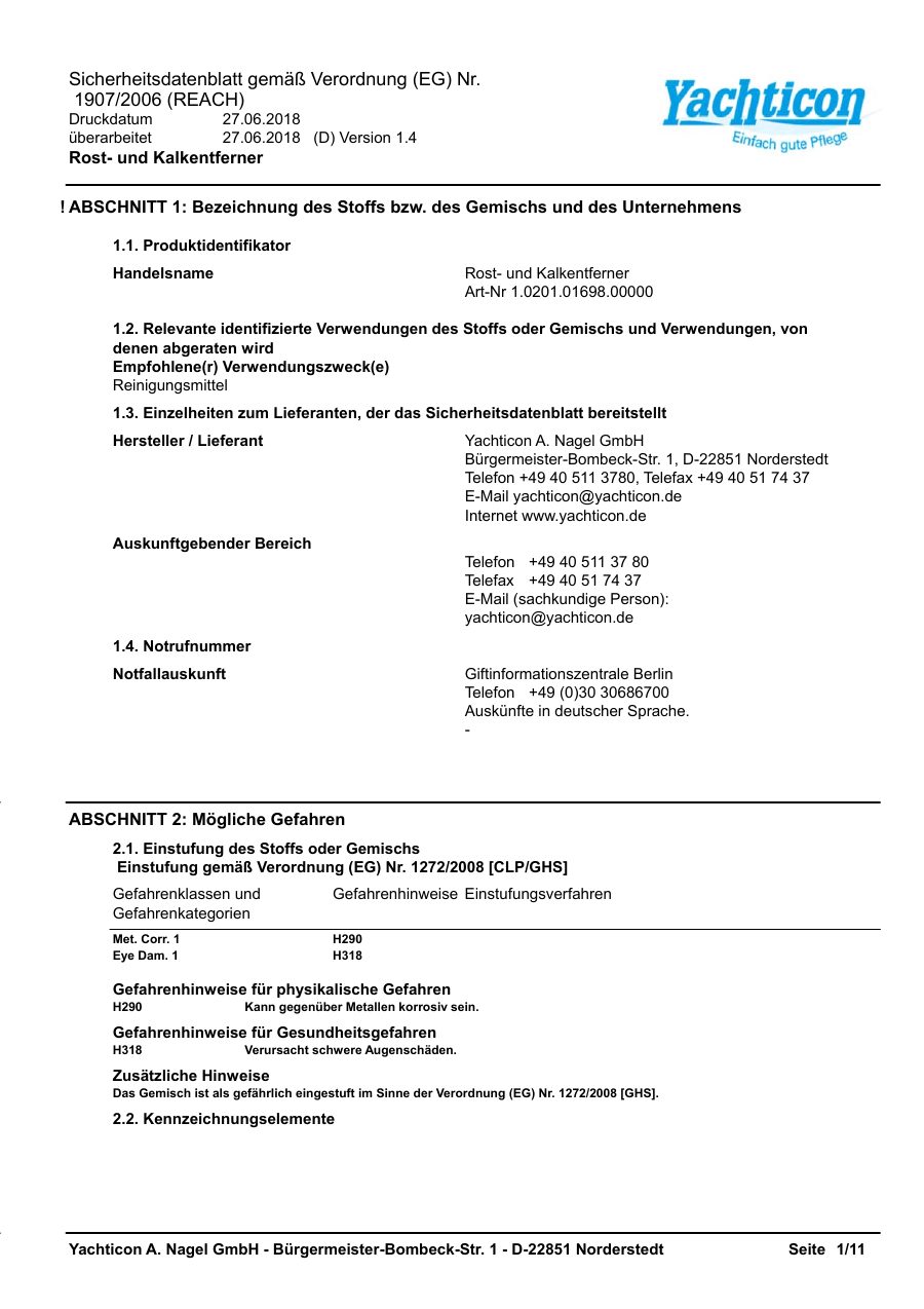 Titelseite Sicherheitsdatenblatt Rost- und Kalkentferner (13-YROSTKAL)
