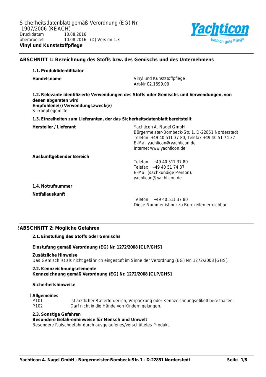 Titelseite Sicherheitsdatenblatt Vinyl und Kunststoffpflege (13-YVINYLP)