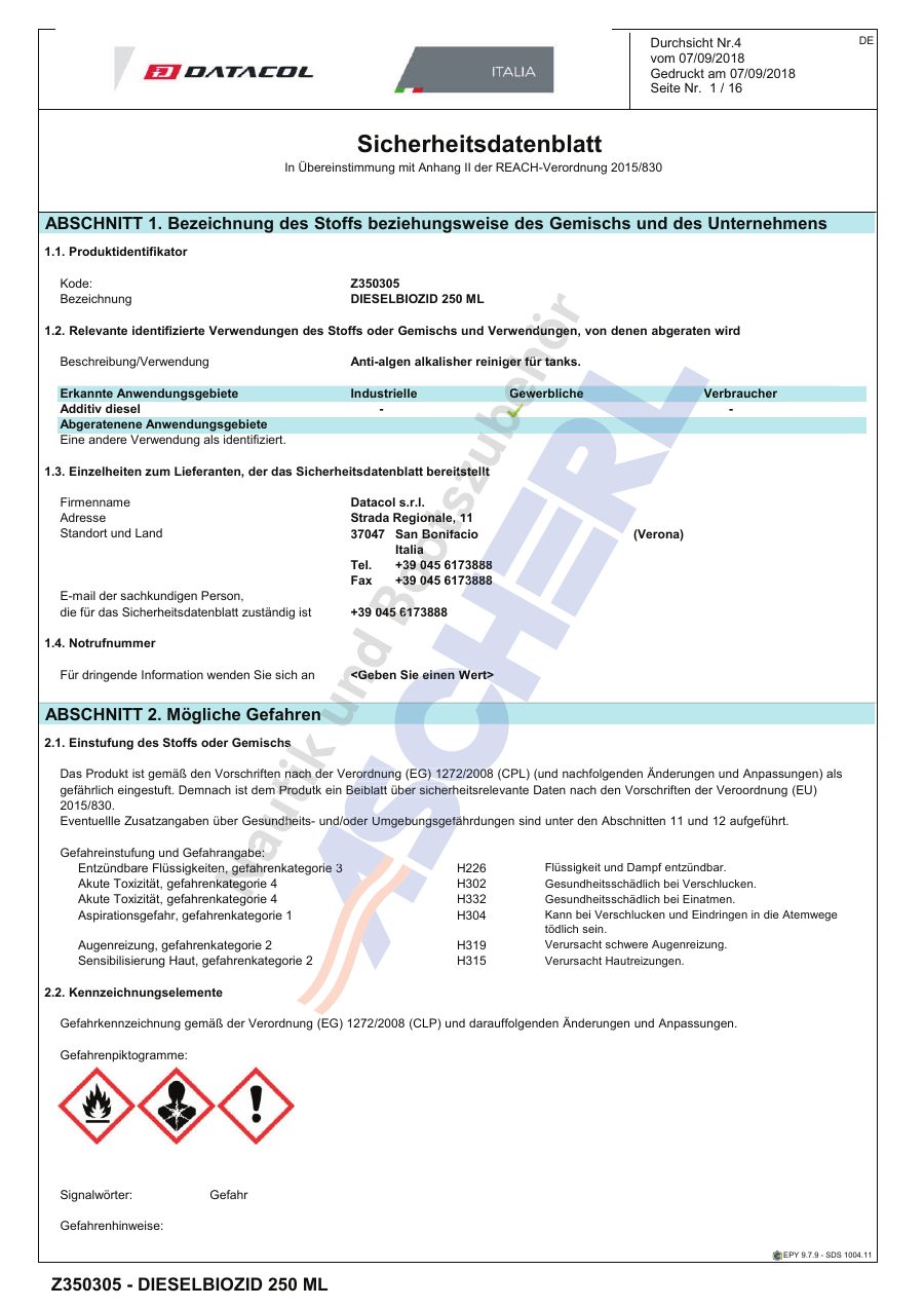 Titelseite Sicherheitsdatenblatt Datacol 13-DATACODP