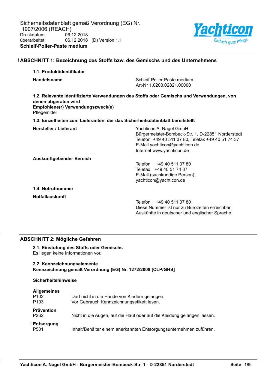 Titelseite Sicherheitsdatenblatt Schleif-Polier-Paste medium (13-YSCHLEIF)