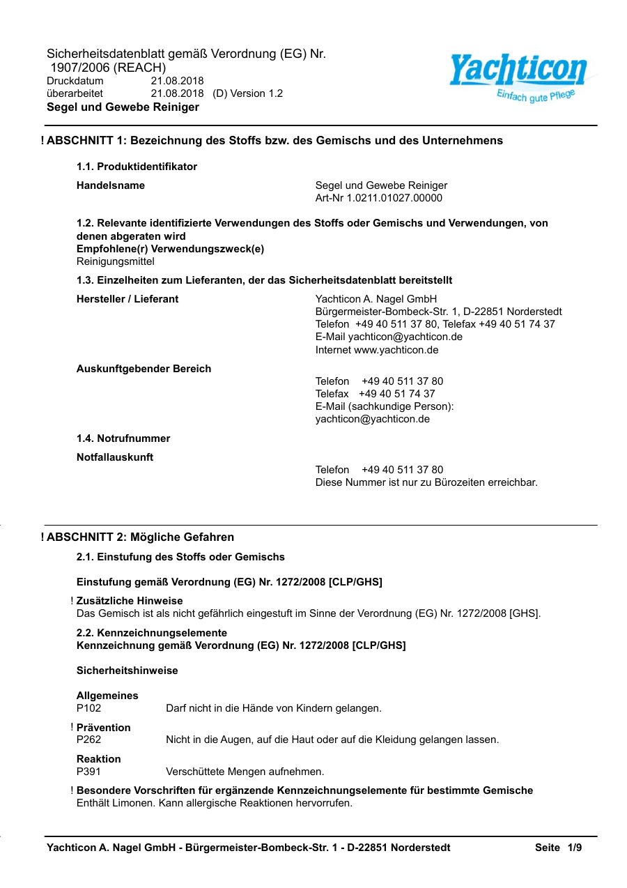 Titelseite Sicherheitsdatenblatt Segel und Gewebe Reiniger (13-YSEGEL)