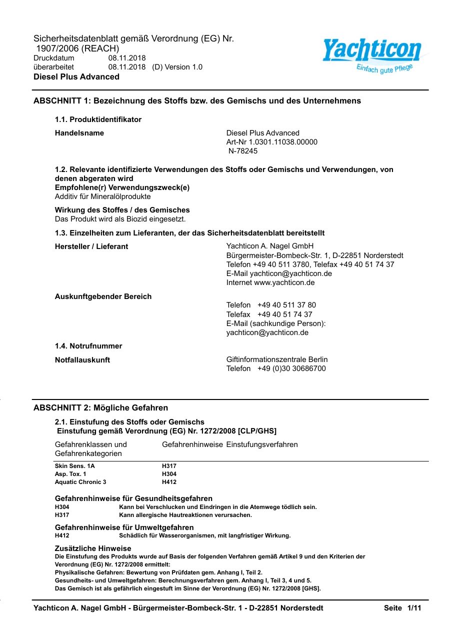 Titelseite Sicherheitsdatenblatt Diesel Plus Advanced (13-YDIESEA0)