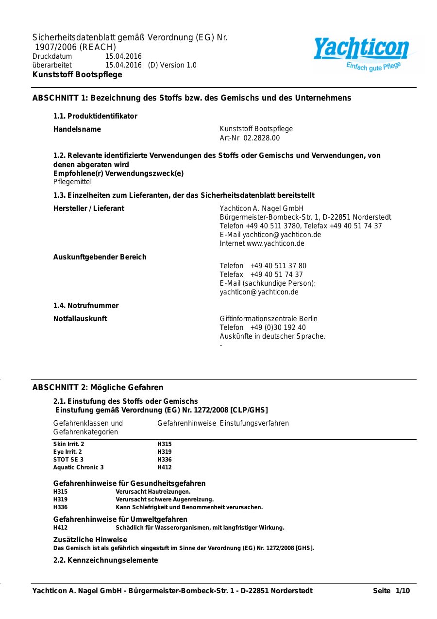Titelseite Sicherheitsdatenblatt Kunststoff Bootspflege (13-YKUNST)