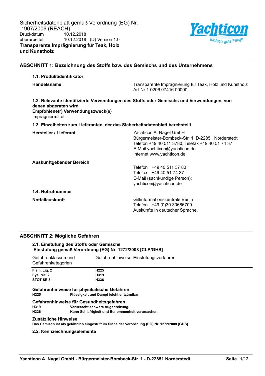 Titelseite Sicherheitsdatenblatt Transparente Imprägnierung für Teak, Holz und Kunstholz (13-YTEAKIM1)