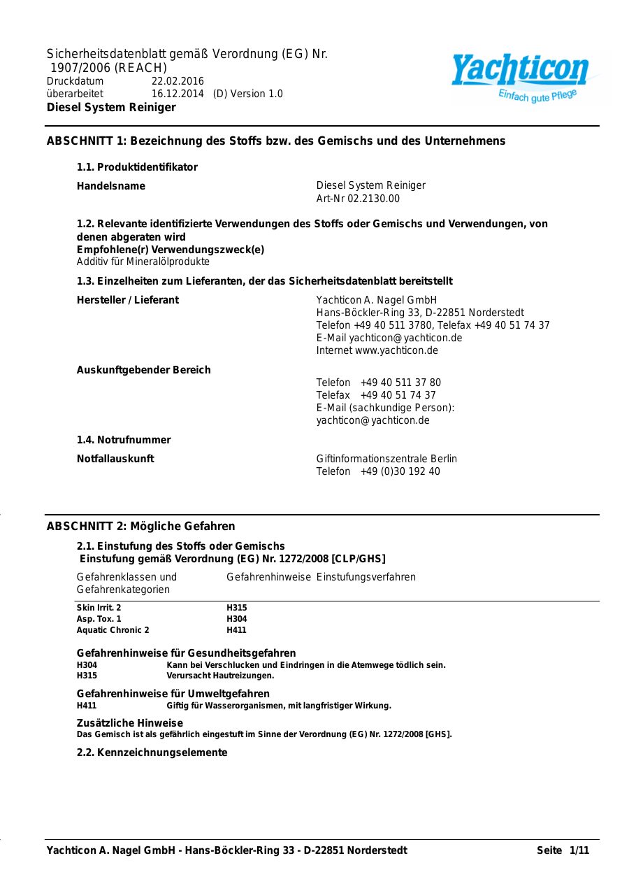 Titelseite Sicherheitsdatenblatt Diesel System Reiniger (13-YDIESELR)