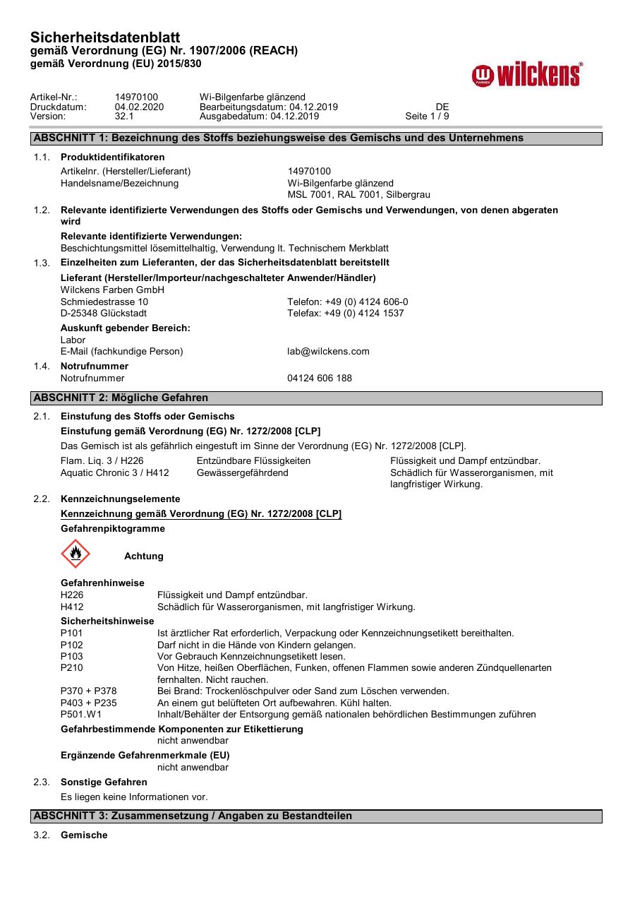 Titelseite Sicherheitsdatenblatt Wilckens 13-WBILGEW