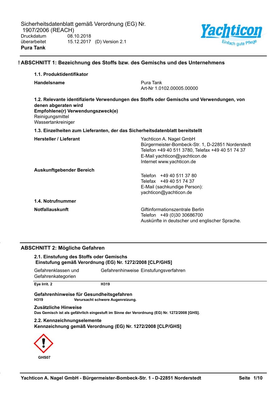 Titelseite Sicherheitsdatenblatt Pura Tank (18-PT2500)