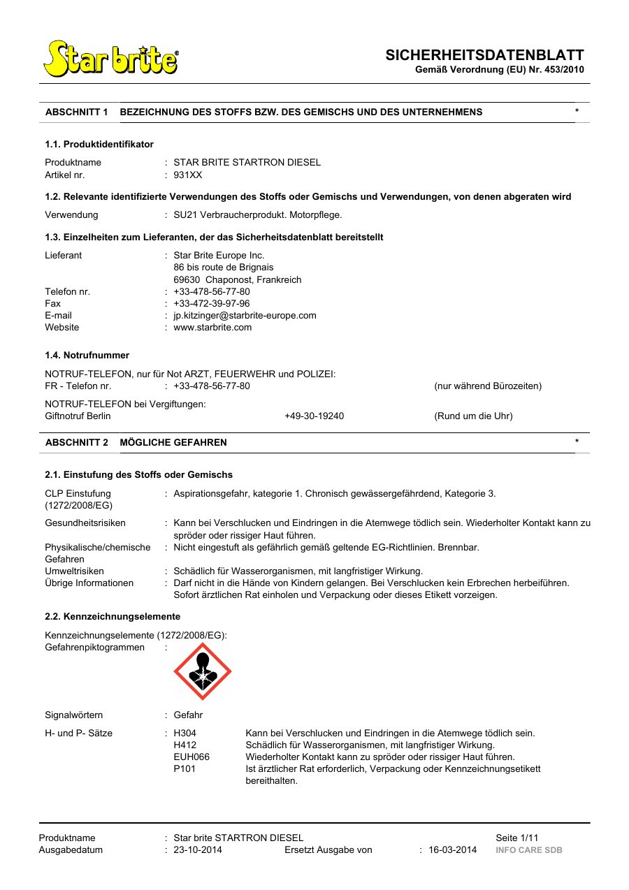 Titelseite Sicherheitsdatenblatt STAR BRITE STARTRON DIESEL (11-STROND16)