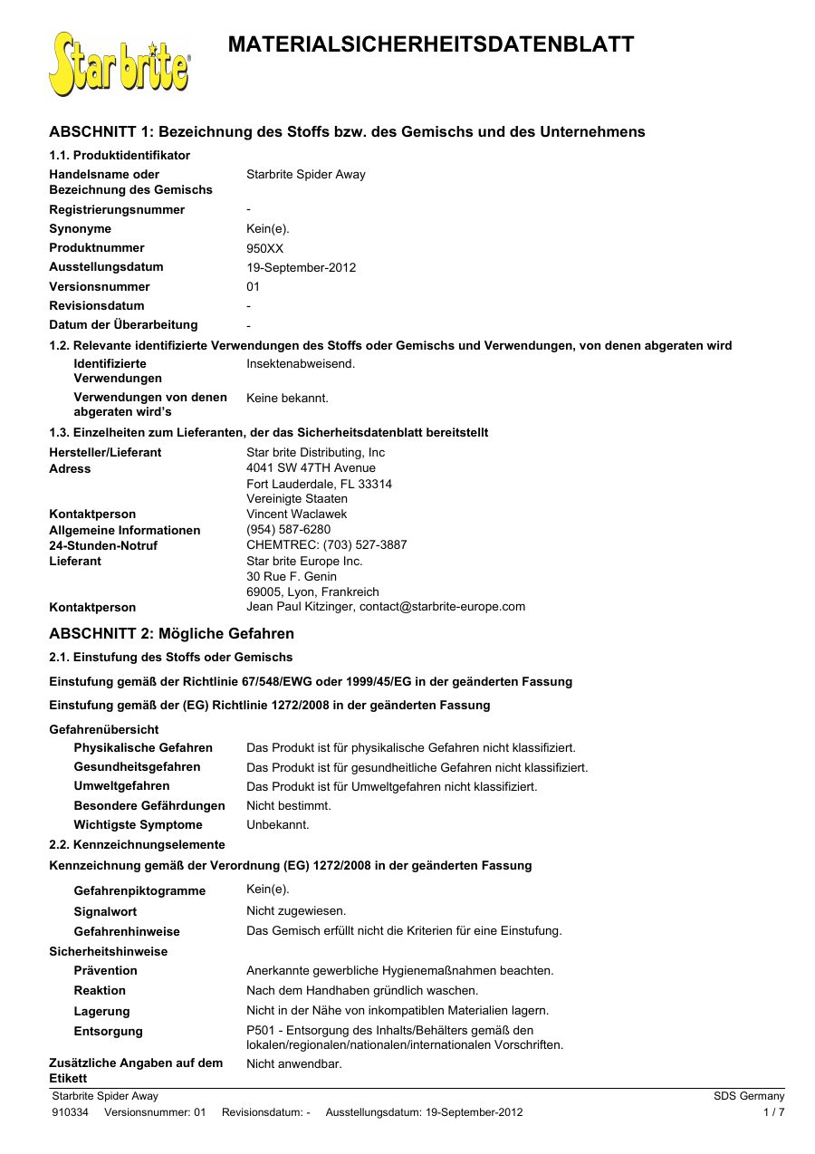 Titelseite Sicherheitsdatenblatt oder Starbrite Spider Away (13-SSPIDERA)