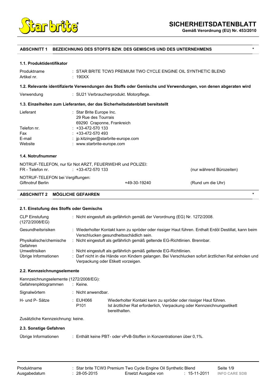 Titelseite Sicherheitsdatenblatt STAR BRITE TCW3 PREMIUM TWO CYCLE ENGINE OIL SYNTHETIC BLEND (11-MISCHOIL)