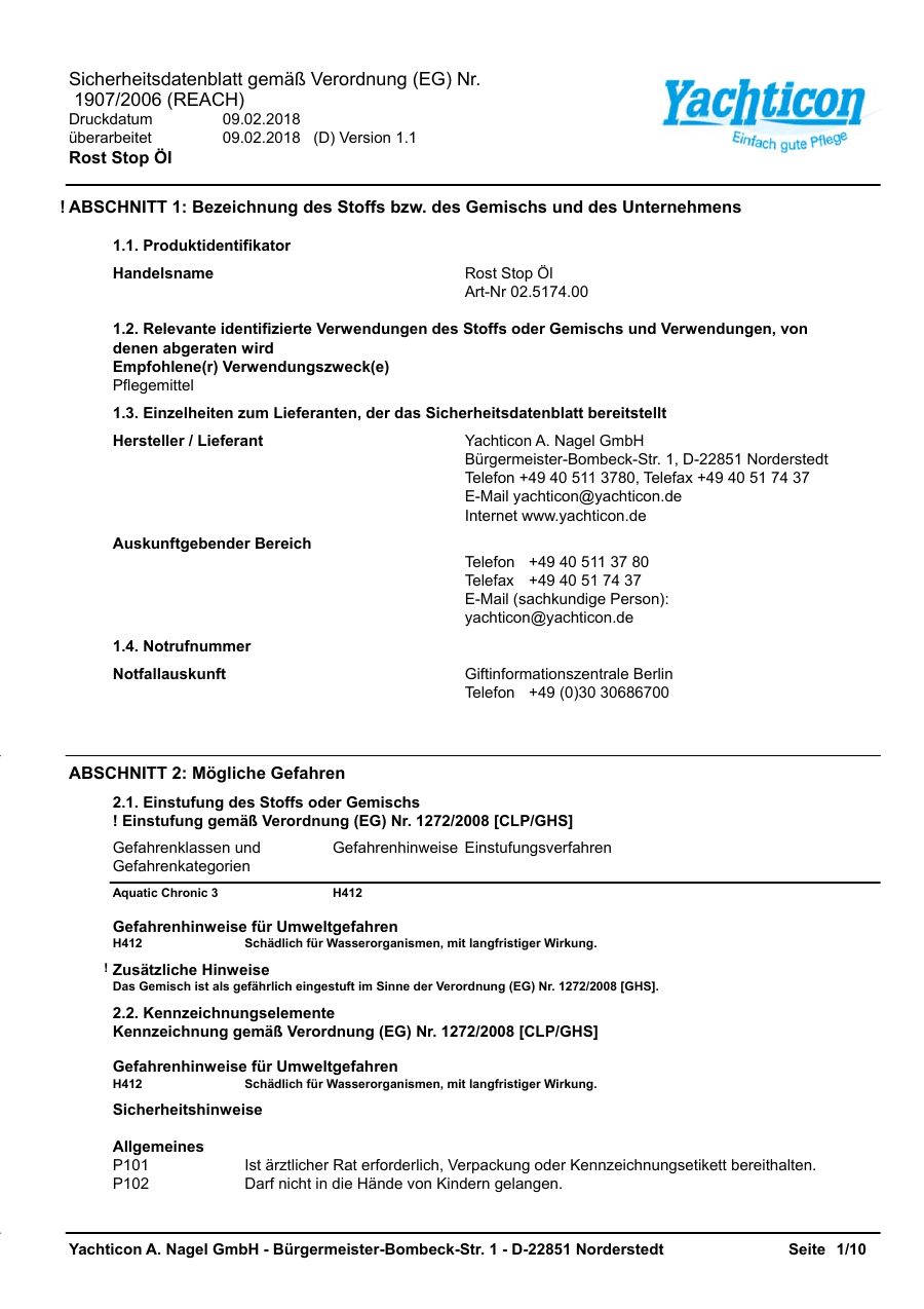 Titelseite Sicherheitsdatenblatt Rost Stop Öl (13-YROSTOEL)