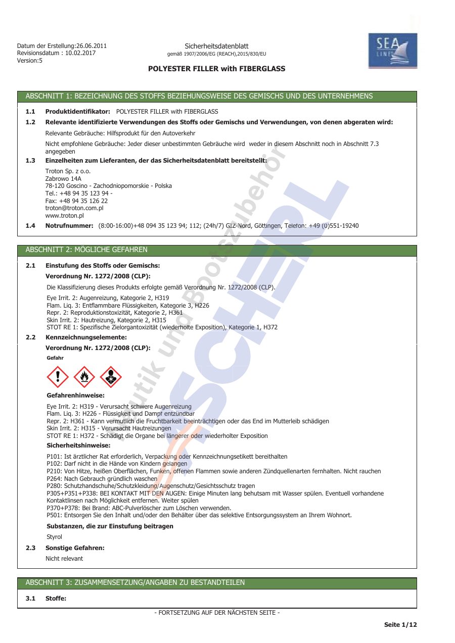 Titelseite Sicherheitsdatenblatt Sea-Line 13-SLPFF02