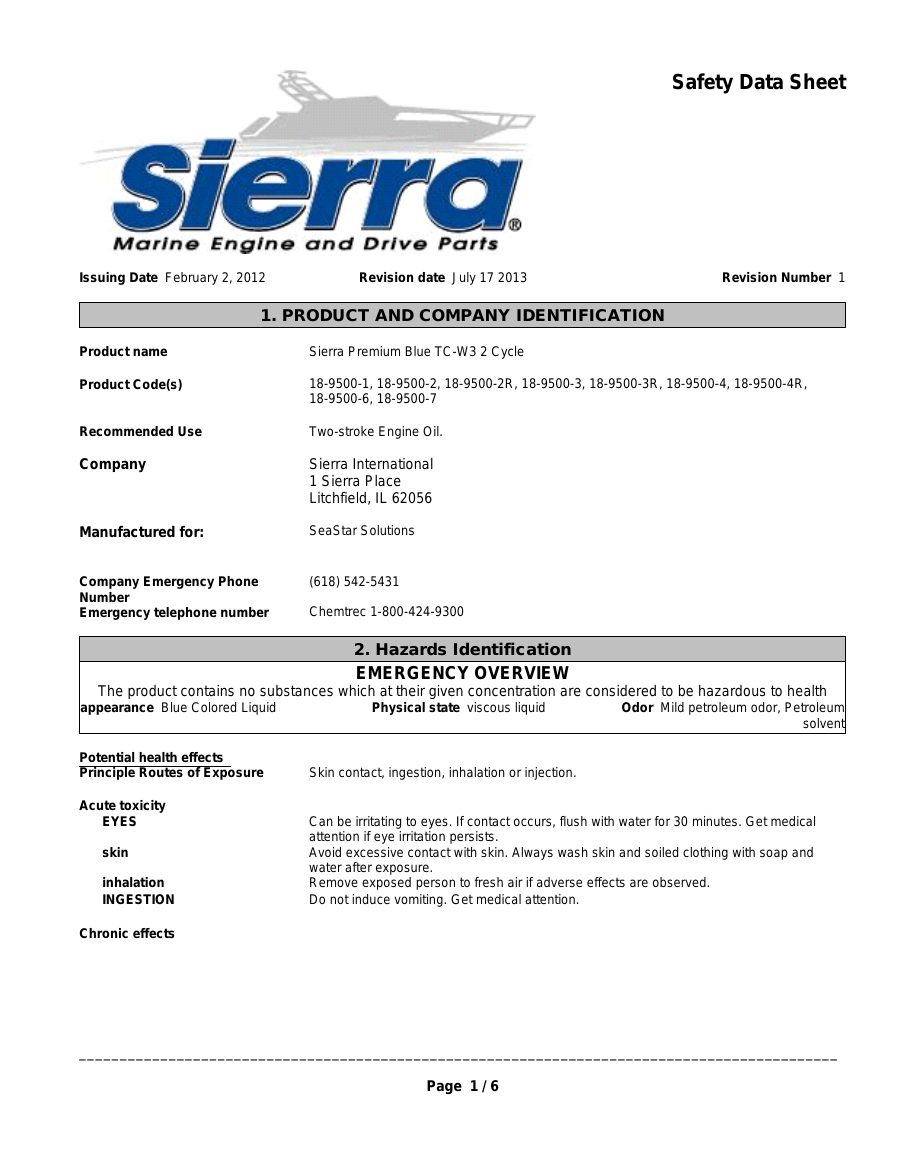 Titelseite Sicherheitsdatenblatt Sierra Premium Blue TC-W3 2 Cycle