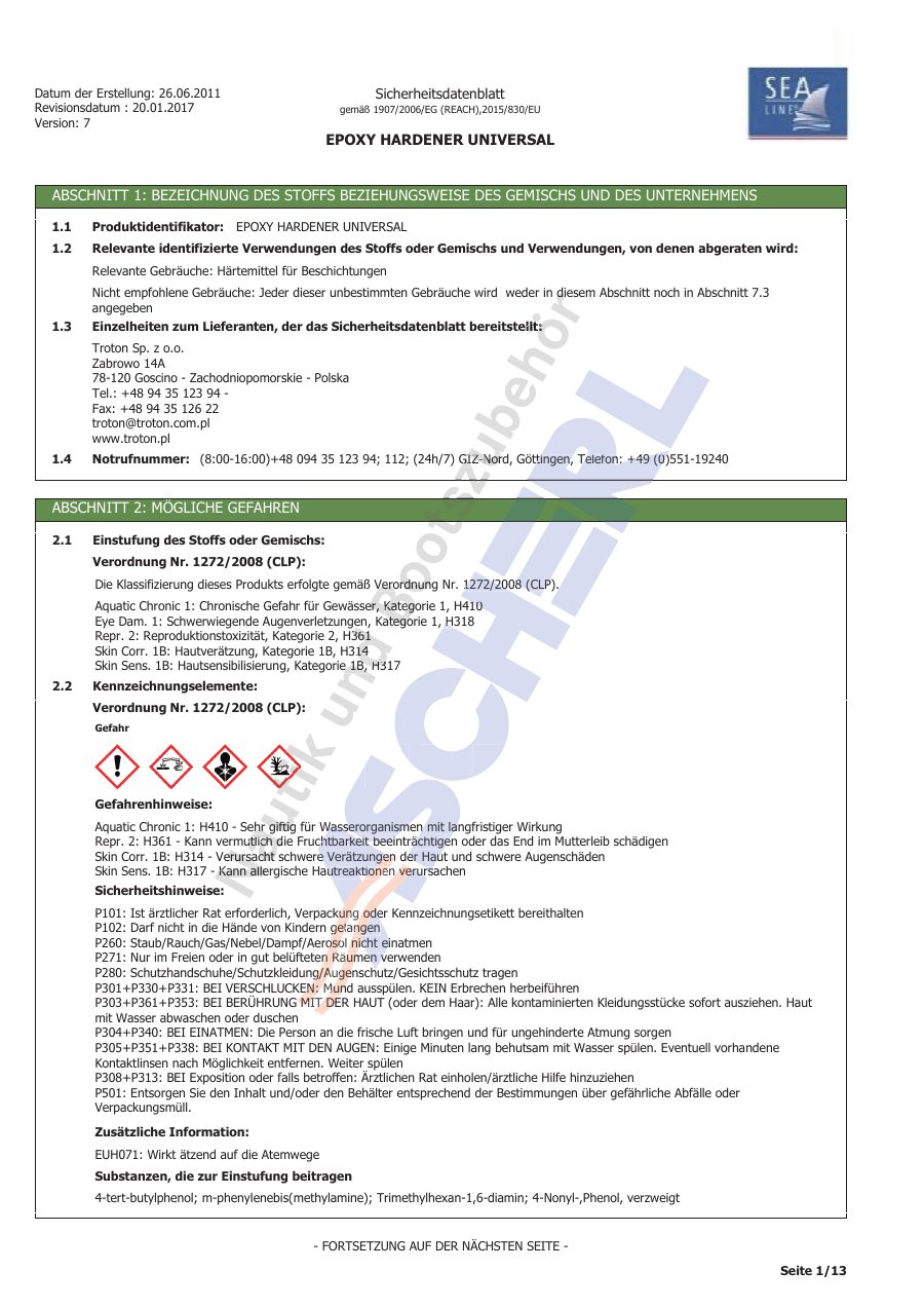 Titelseite Sicherheitsdatenblatt Sea-Line 13-SLEFU03_H