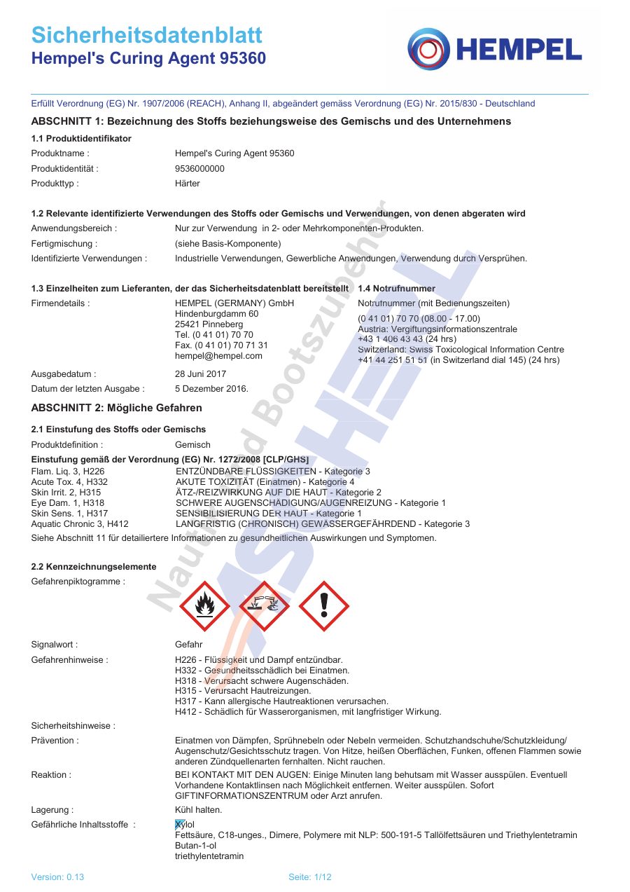 Titelseite Sicherheitsdatenblatt Hempel's Curing Agent 95360 (13-HLIGHT2B_Curing)
