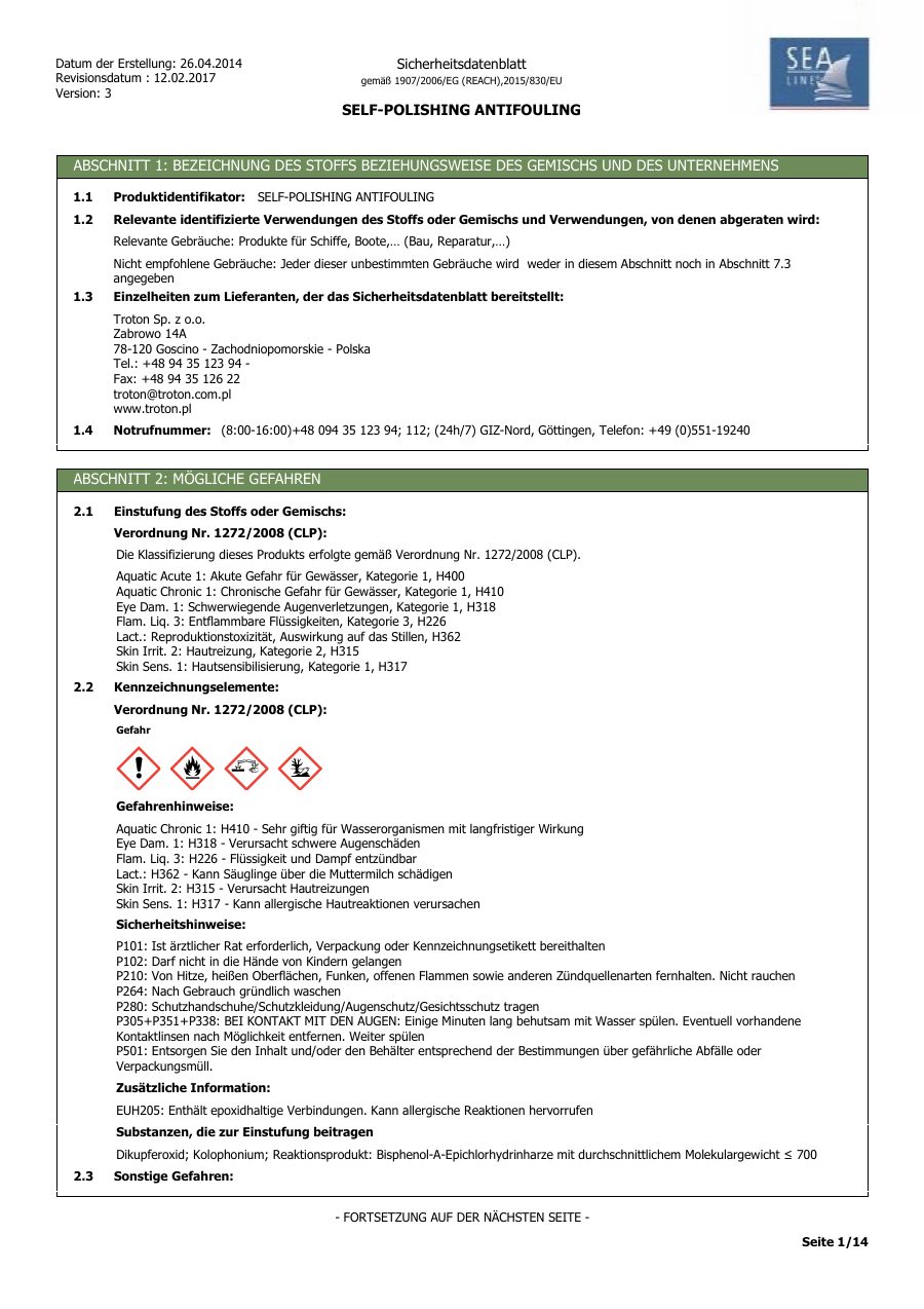 Titelseite Sicherheitsdatenblatt SELF-POLISHING ANTIFOULING (13-SLSAF07B)