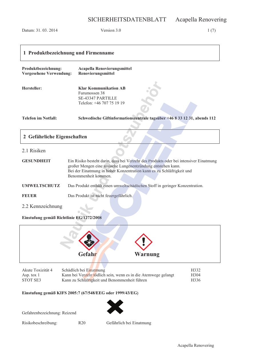Titelseite Sicherheitsdatenblatt Acapella Renovierungsmittel (09-AIMPRÄB)