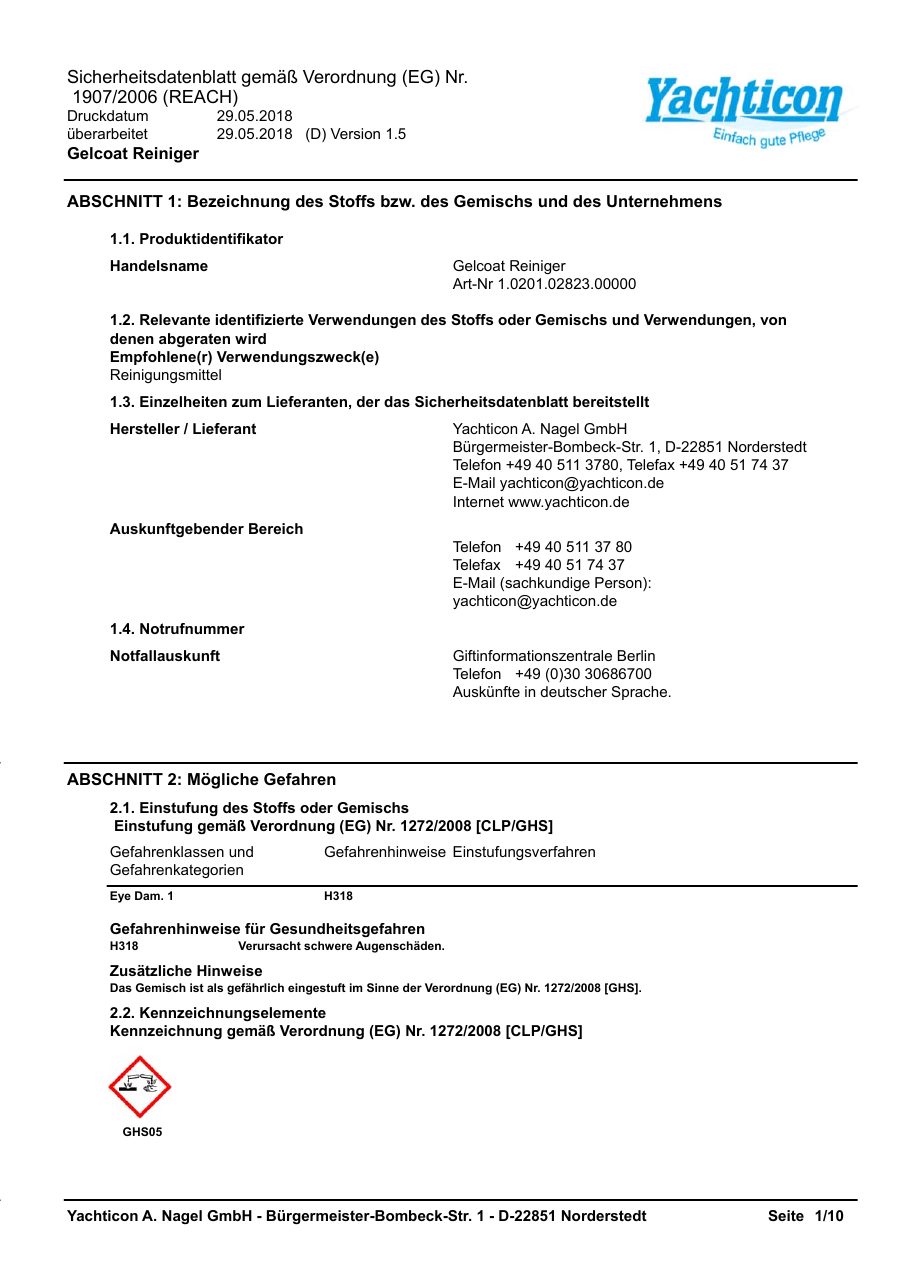 Titelseite Sicherheitsdatenblatt Gelcoat Reiniger (13-YGELCOAT)