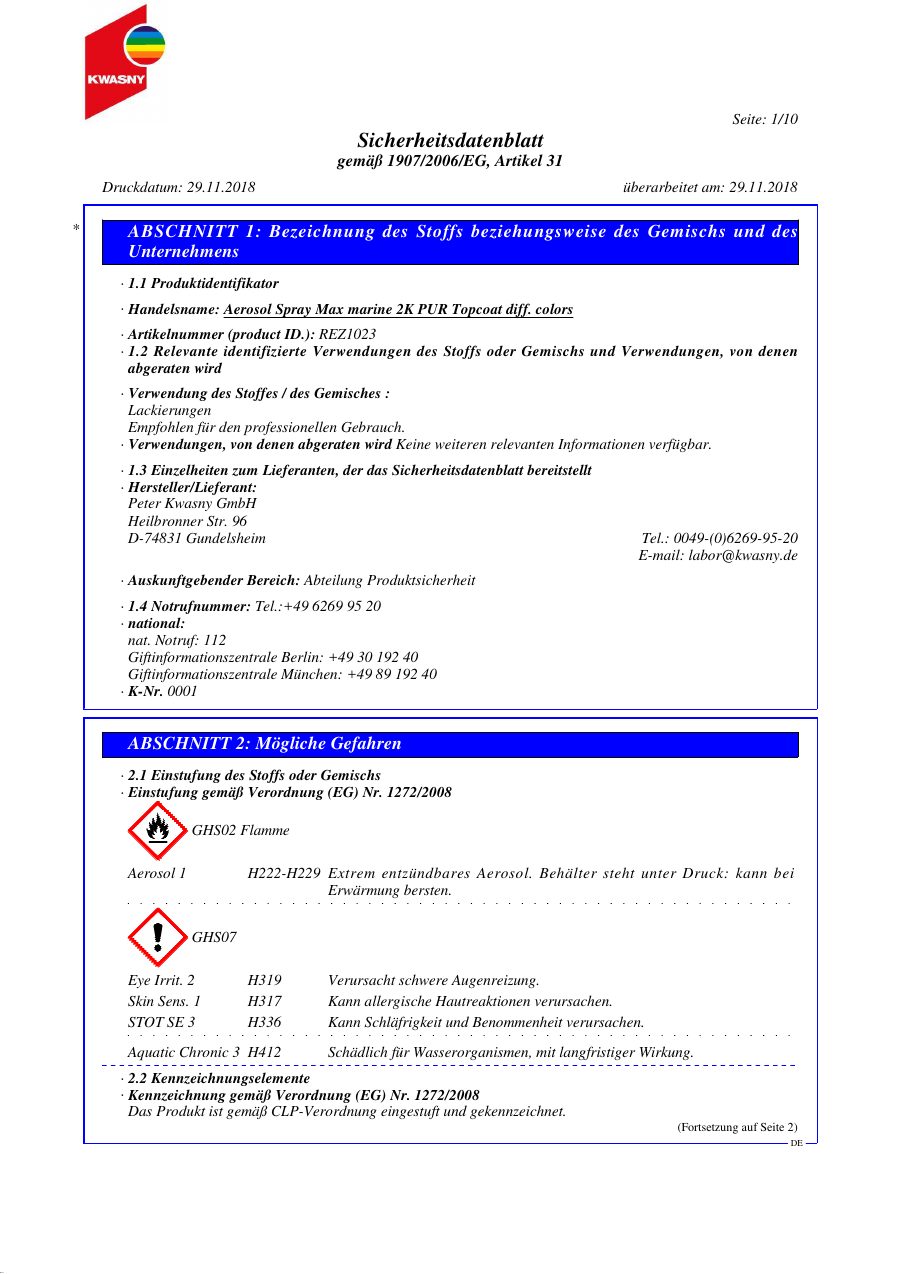 Titelseite Sicherheitsdatenblatt Aerosol Spray Max marine 2K PUR Topcoat diff. colors (13-YMAX2KB)