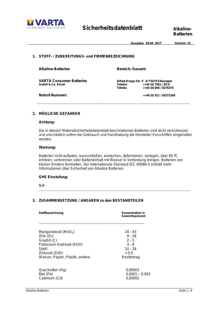 Titelseite Sicherheitsdatenblatt Varta 10-VLR03