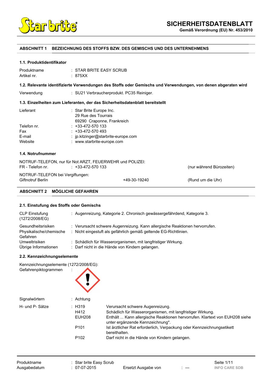 Titelseite Sicherheitsdatenblatt STAR BRITE EASY SCRUB (13-SEASYSC)