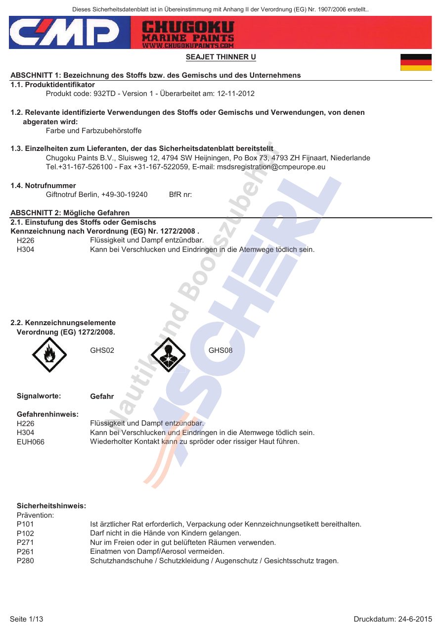 Titelseite Sicherheitsdatenblatt SEAJET THINNER U (13-SJVU1000)