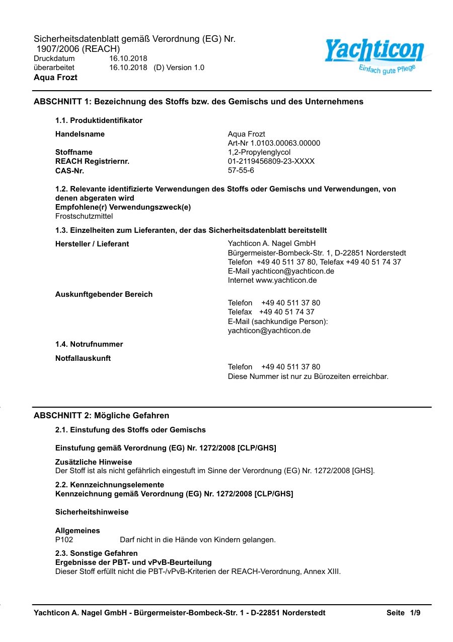 Titelseite Sicherheitsdatenblatt Aqua Frozt (18-AF2000)