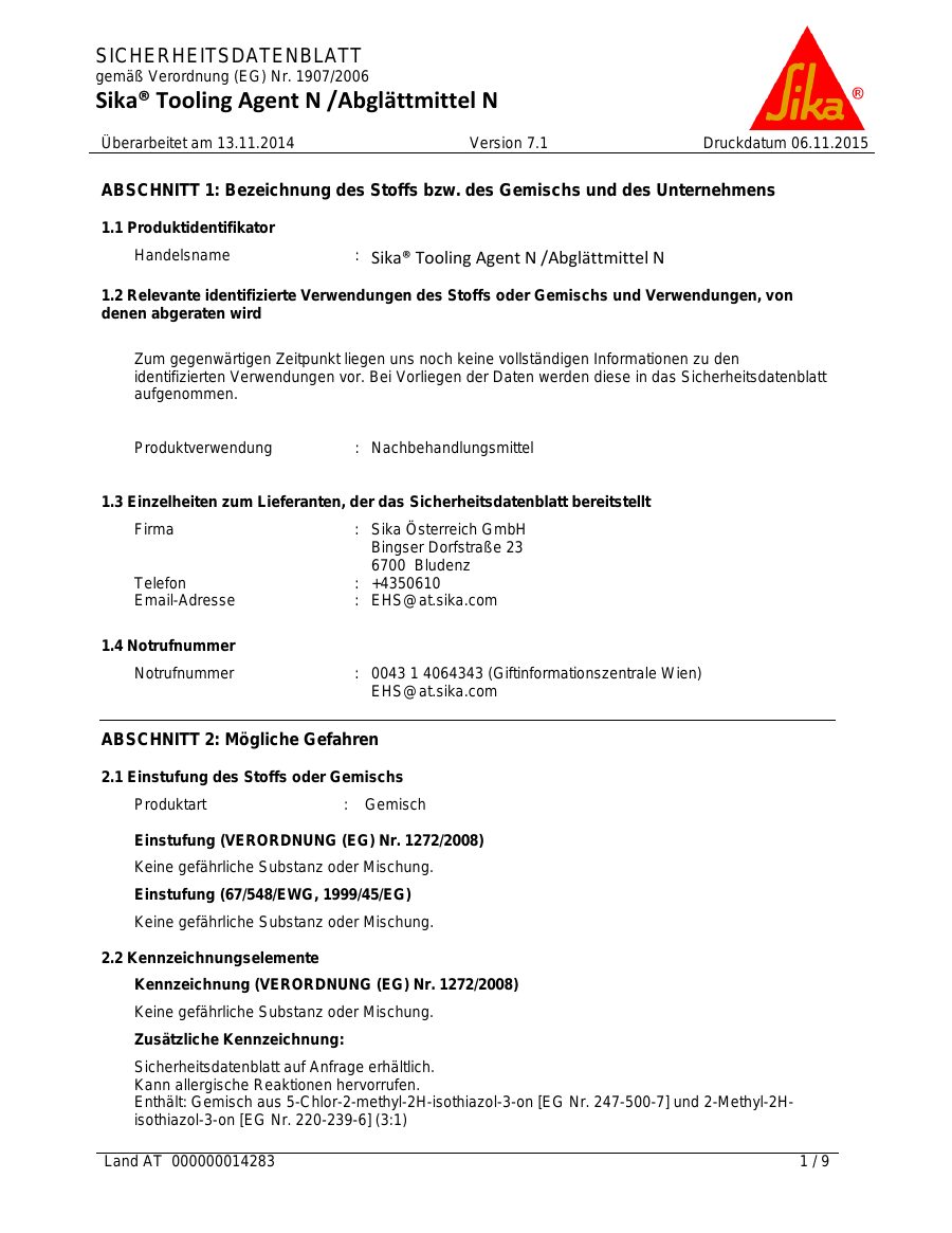 Titelseite Sicherheitsdatenblatt Sika® Tooling Agent N /Abglättmittel N (13-SABGLAETN)