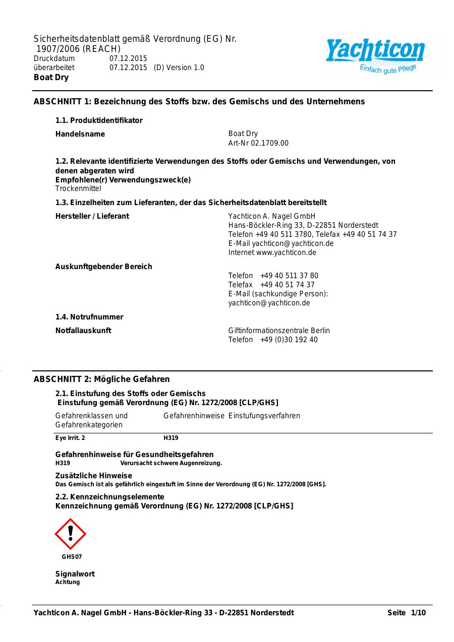 Titelseite Sicherheitsdatenblatt Boat Dry (13-YBOATDRY)