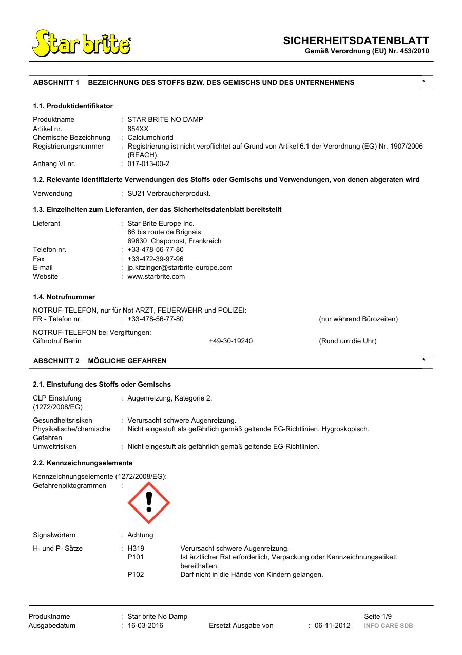 Titelseite Sicherheitsdatenblatt STAR BRITE NO DAMP (13-SNODAMP9)
