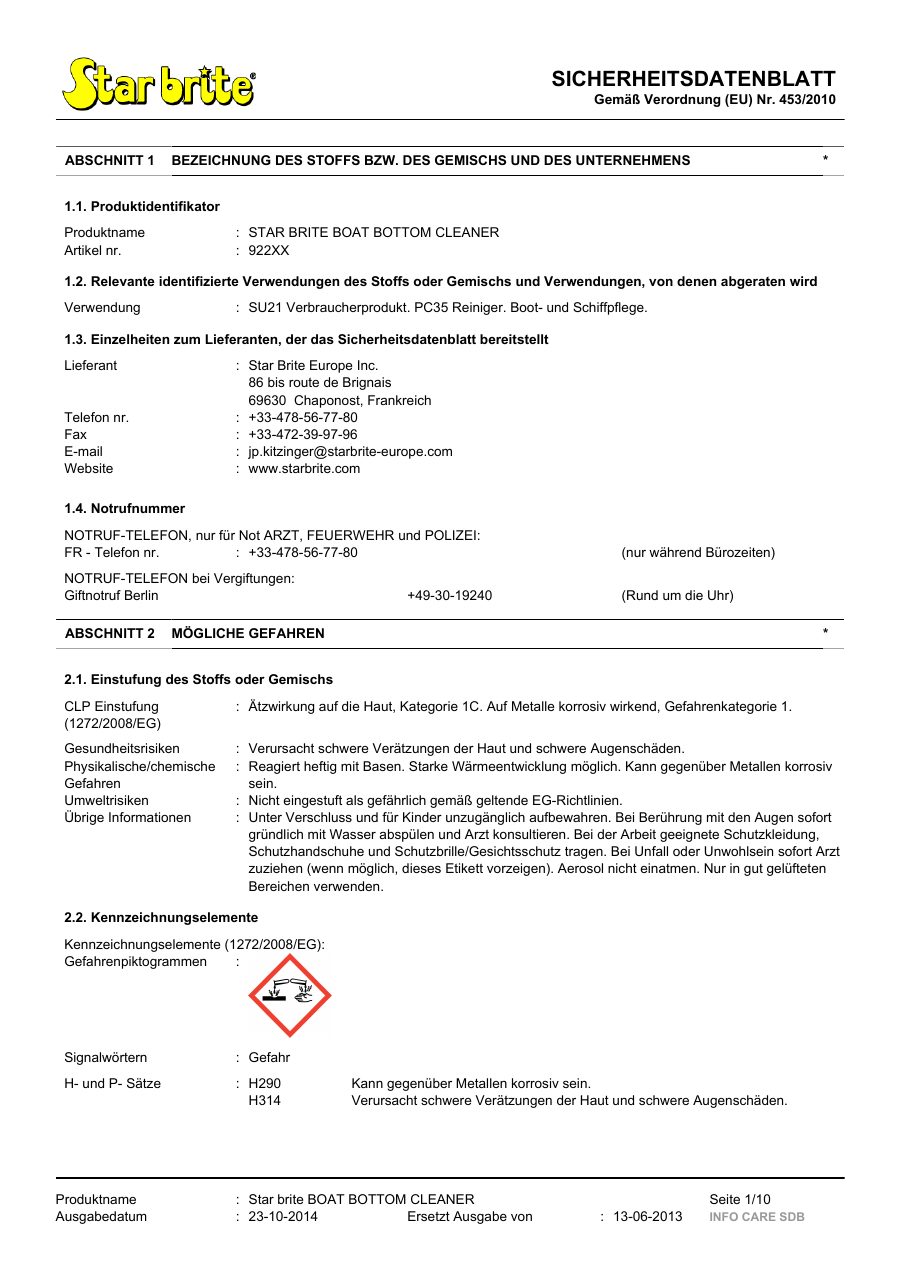 Titelseite Sicherheitsdatenblatt STAR BRITE BOAT BOTTOM CLEANER (13-SBOATBO3)