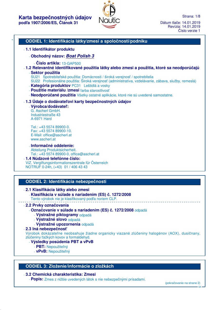Titelseite Sicherheitsdatenblatt GA Nautic 13-GAP500_SK
