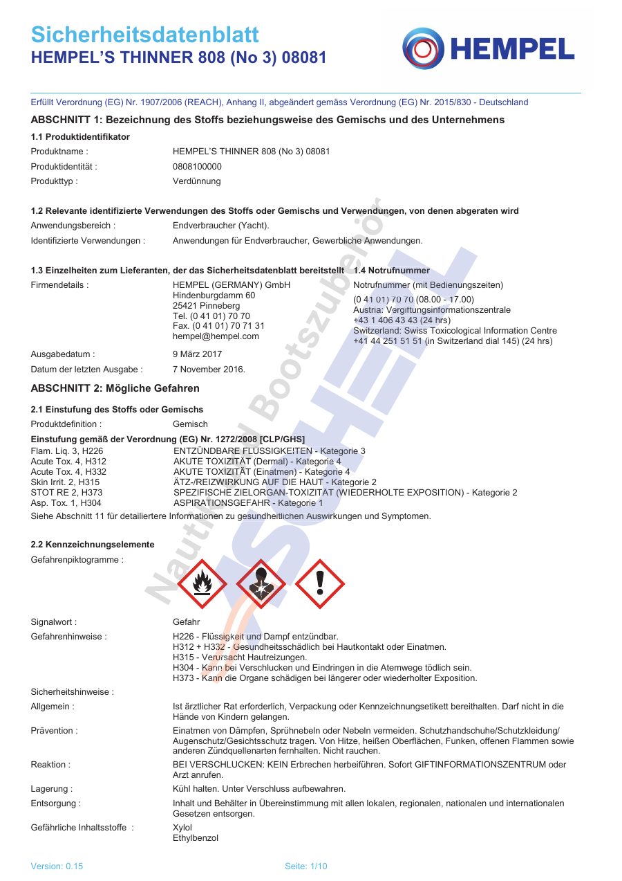 Titelseite Sicherheitsdatenblatt HEMPEL’S THINNER 808 (No 3) 08081 (13-HV808750)