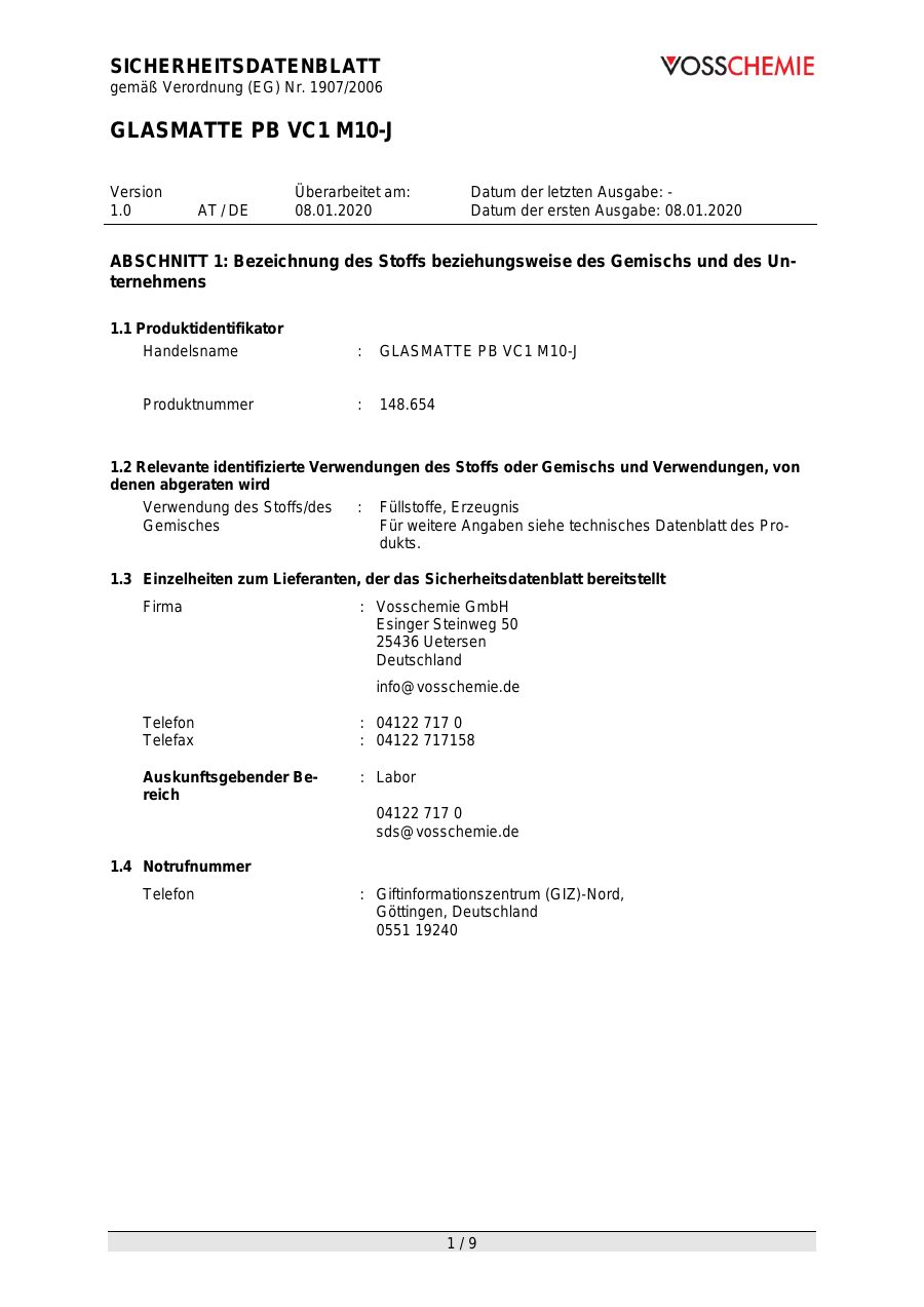 Titelseite Sicherheitsdatenblatt GLASMATTE PB VC1 M10-J