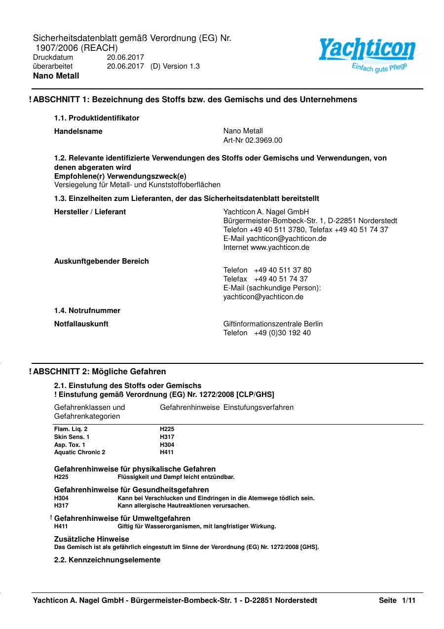 Titelseite Sicherheitsdatenblatt Nano Metall (13-YNANOMET)