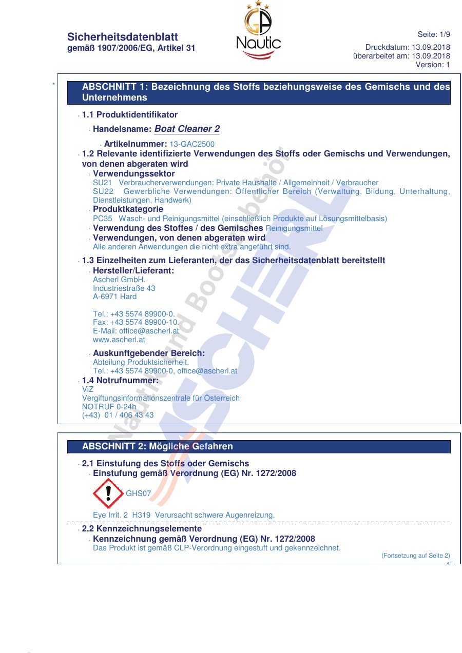 Titelseite Sicherheitsdatenblatt Boat Cleaner 2 (13-GAC2500_DE)