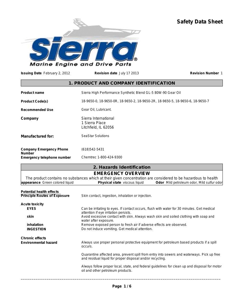 Titelseite Sicherheitsdatenblatt Sierra High Performance Synthetic Blend GL-5 80W-90 Gear Oil