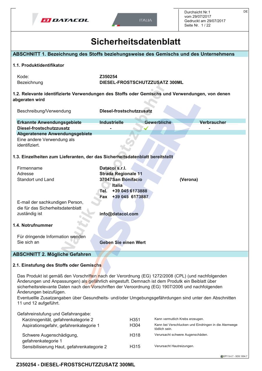 Titelseite Sicherheitsdatenblatt Datacol 13-DATACODF