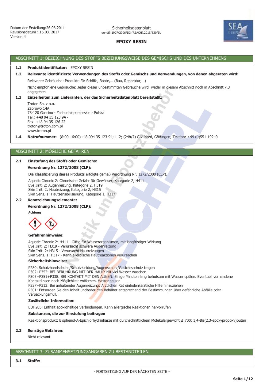 Titelseite Sicherheitsdatenblatt EPOXY RESIN (13-SLEPOH05)