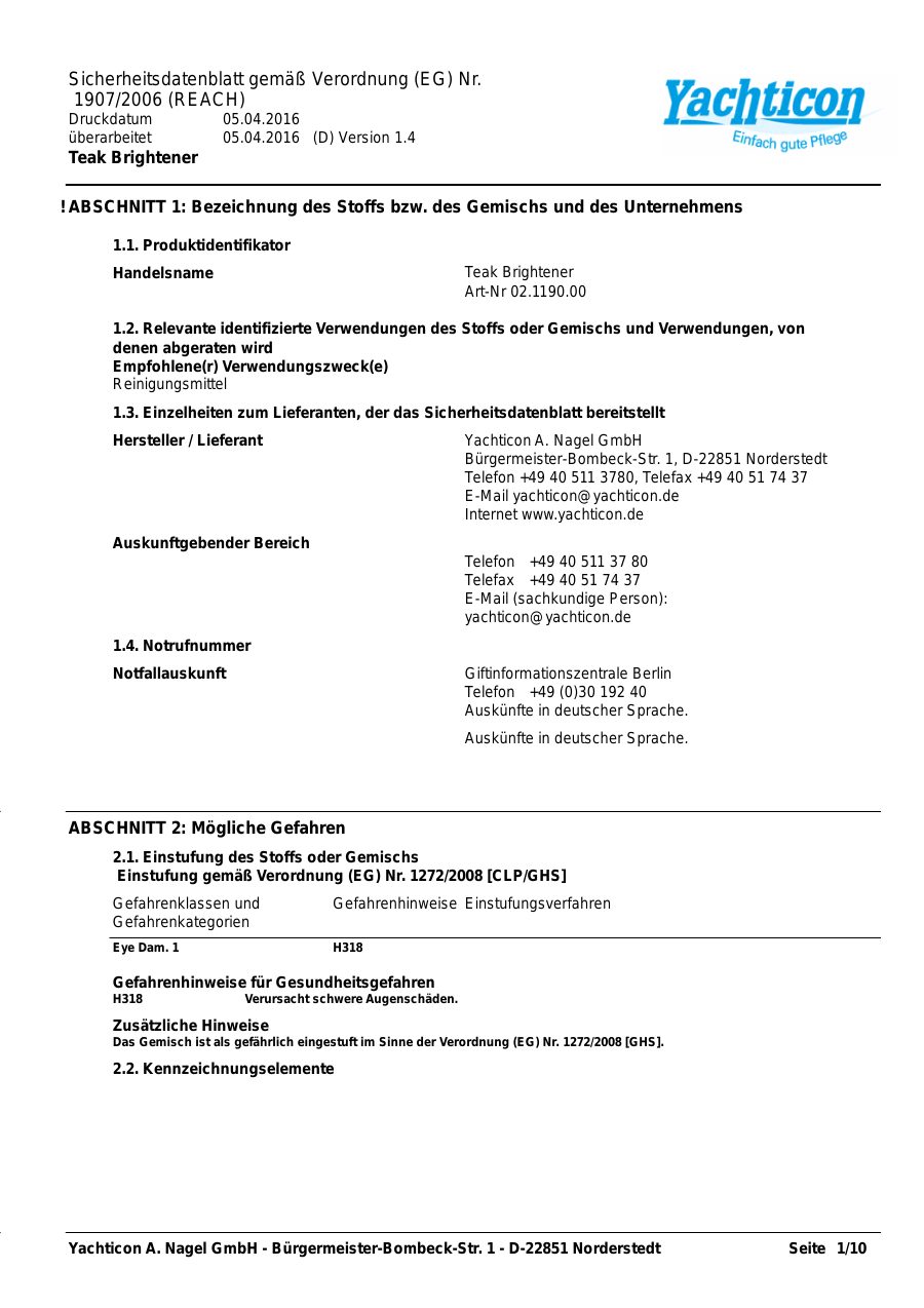 Titelseite Sicherheitsdatenblatt Teak Brightener (13-YTEAKB)