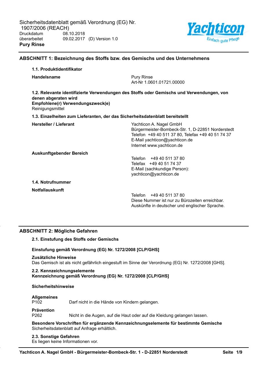 Titelseite Sicherheitsdatenblatt Pury Rinse (18-PURYRINS)