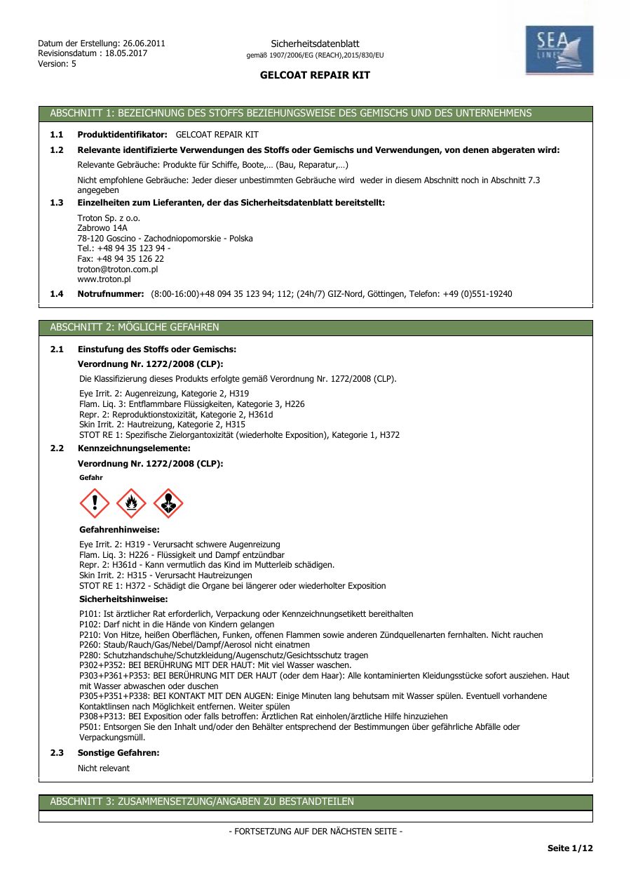 Titelseite Sicherheitsdatenblatt GELCOAT REPAIR KIT
