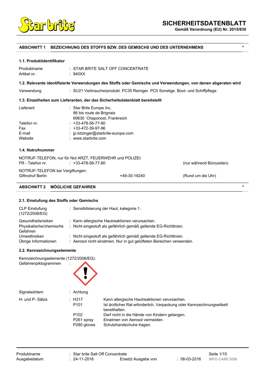 Titelseite Sicherheitsdatenblatt STAR BRITE SALT OFF CONCENTRATE (13-SSALTO9K)