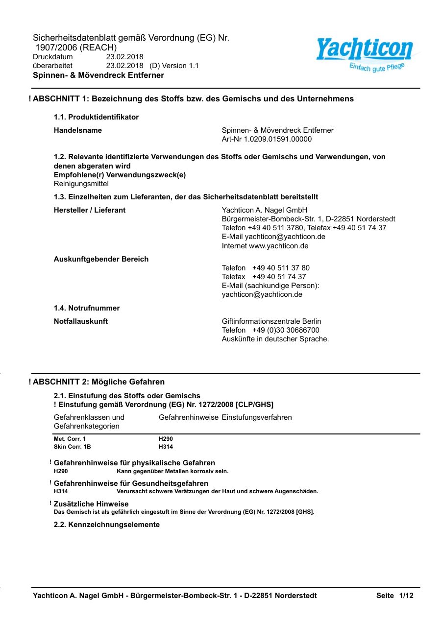 Titelseite Sicherheitsdatenblatt Spinnen- & Mövendreck Entferner (13-YSPINNMO)