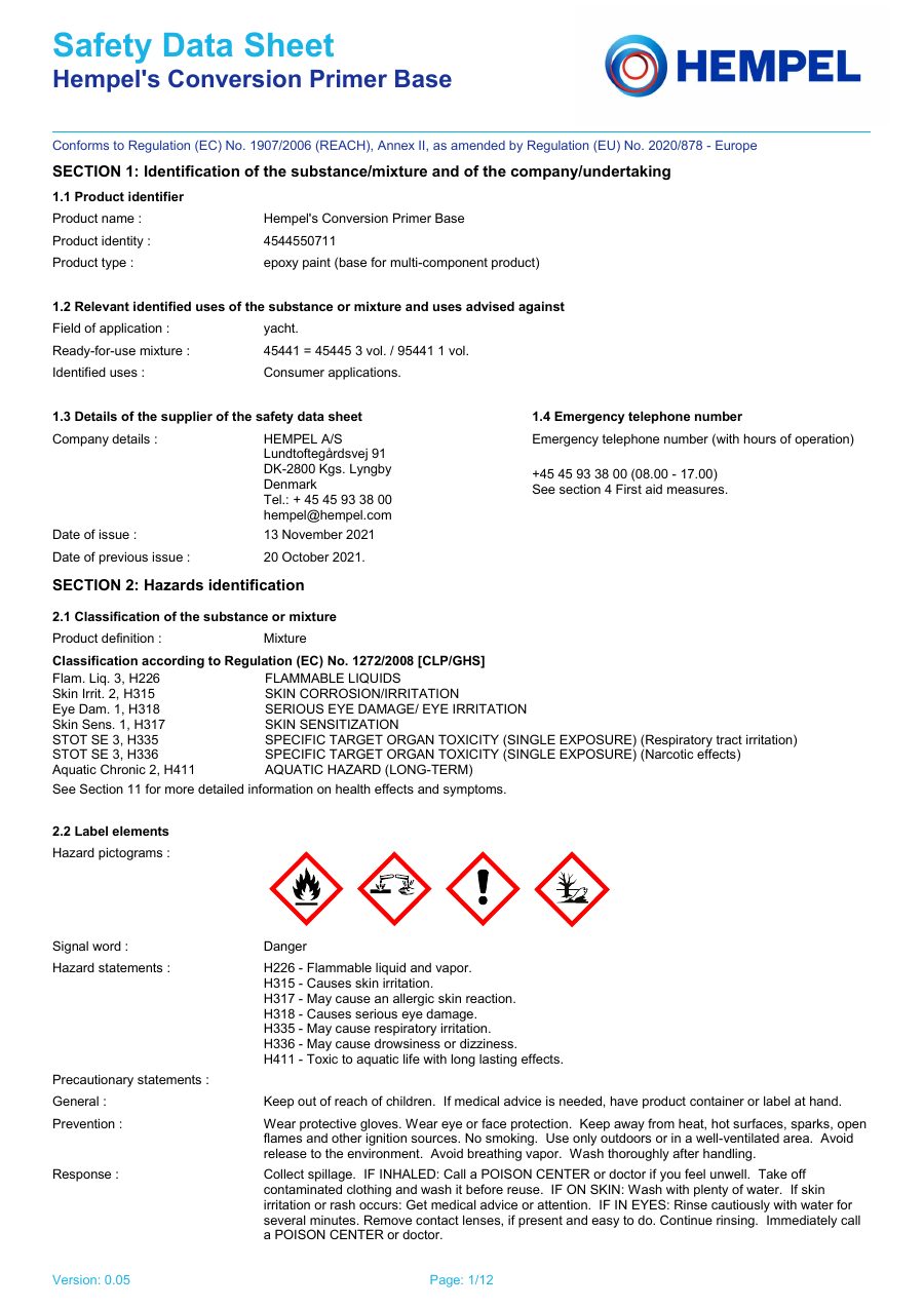 Titelseite Sicherheitsdatenblatt Hempel's Conversion Primer Base (13-HCONVPR7_B)
