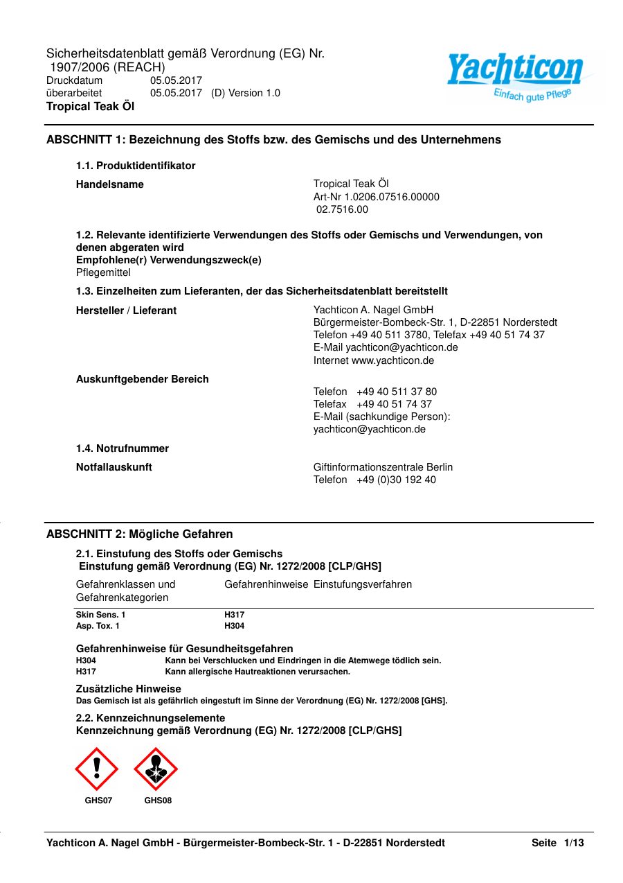 Titelseite Sicherheitsdatenblatt Tropical Teak Öl (13-YTEAKTRO)